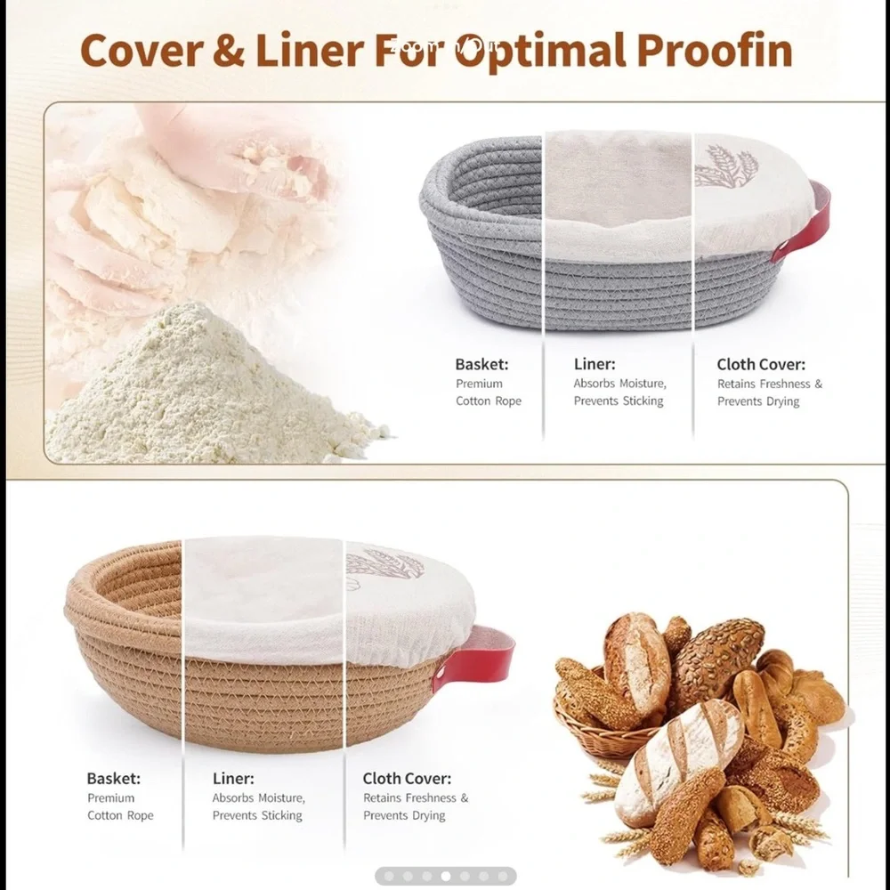 Cotton Rope Banneton Bread Proofing Basket Set, Oval & Round Bread Baskets